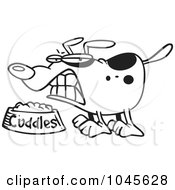 Cartoon Black And White Outline Design Of A Dog Growing Over His Food Bowl