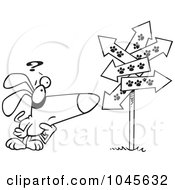 Poster, Art Print Of Cartoon Black And White Outline Design Of A Lost Dog Staring At Paw Print Signs