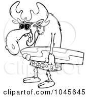 Royalty Free RF Clip Art Illustration Of A Cartoon Black And White Outline Design Of A Surfer Moose Carrying A Board