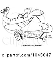 Royalty Free RF Clip Art Illustration Of A Cartoon Black And White Outline Design Of A Surfer Elephant Carrying A Board