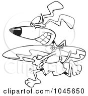 Poster, Art Print Of Cartoon Black And White Outline Design Of A Surfer Dog Running With A Board