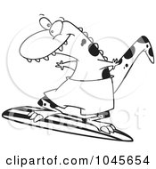 Royalty Free RF Clip Art Illustration Of A Cartoon Black And White Outline Design Of A Surfer Dinosaur