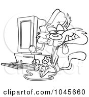 Royalty Free RF Clip Art Illustration Of A Cartoon Black And White Outline Design Of A Christmas Cat With A Computer Mouse In His Mouth by toonaday