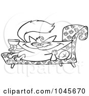 Royalty Free RF Clip Art Illustration Of A Cartoon Black And White Outline Design Of A Spoiled Cat With Wine by toonaday
