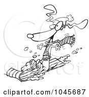 Poster, Art Print Of Cartoon Black And White Outline Design Of A Wiener Dog Sledding