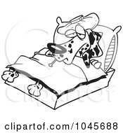 Cartoon Black And White Outline Design Of A Sick Dalmatian In Bed