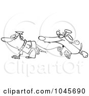 Royalty Free RF Clip Art Illustration Of A Cartoon Black And White Outline Design Of A Dog Walking A Man On A Leash
