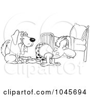 Poster, Art Print Of Cartoon Black And White Outline Design Of A Dog Holding A Sock While His Master Searches