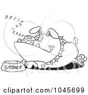 Cartoon Black And White Outline Design Of A Sleeping Bulldog By His Food Dish