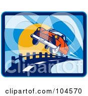 Royalty Free RF Clipart Illustration Of A Car Flying Over A Road At Sunset