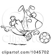 Poster, Art Print Of Cartoon Black And White Outline Design Of A Dog Playing Soccer