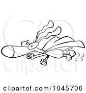 Royalty Free RF Clip Art Illustration Of A Cartoon Black And White Outline Design Of A Super Dog Flying In A Cape