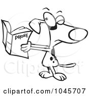 Poster, Art Print Of Cartoon Black And White Outline Design Of A Dog Squinting At A Phone Book