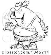 Royalty Free RF Clip Art Illustration Of A Cartoon Black And White Outline Design Of A Party Pig Holding Beer