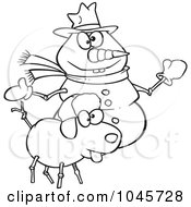 Royalty Free RF Clip Art Illustration Of A Cartoon Black And White Outline Design Of A Snow Dog And Snowman by toonaday
