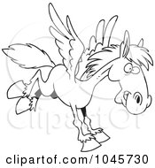 Poster, Art Print Of Cartoon Black And White Outline Design Of A Winged Horse Flying