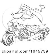 Poster, Art Print Of Cartoon Black And White Outline Design Of A Biker Santa On A Motorcycle