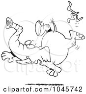 Cartoon Black And White Outline Design Of An Elephant Slipping On A Banana Peel