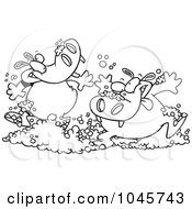 Royalty Free RF Clip Art Illustration Of A Cartoon Black And White Outline Design Of Party Hippos Playing In Bubbles by toonaday