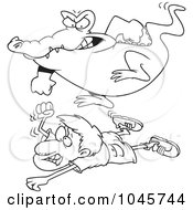 Poster, Art Print Of Cartoon Black And White Outline Design Of A Crocodile Stomping On A Hunter