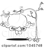 Cartoon Black And White Outline Design Of A Fat Partridge Hanging Upside Down In A Pear Tree