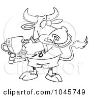Royalty Free RF Clip Art Illustration Of A Cartoon Black And White Outline Design Of A Sports Bull Holding A Trophy Cup by toonaday