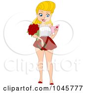 Poster, Art Print Of Pinup Woman Holding Roses A Valentine Card And Chocolates