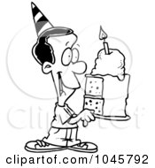 Royalty Free RF Clip Art Illustration Of A Cartoon Black And White Outline Design Of A Black Birthday Boy Holding A Slice Of Cake