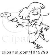 Royalty Free RF Clip Art Illustration Of A Cartoon Black And White Outline Design Of A Businesswoman Fed Up With Her Cell Phone