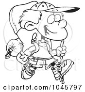 Poster, Art Print Of Cartoon Black And White Outline Design Of A Hiking Boy With Camping Gear