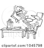 Royalty Free RF Clip Art Illustration Of A Cartoon Black And White Outline Design Of A Girl Eating Sugary Cereal