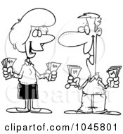 Poster, Art Print Of Cartoon Black And White Outline Design Of A Wealthy Couple Holding Cash