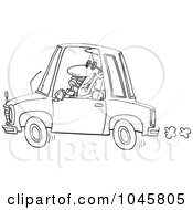 Poster, Art Print Of Cartoon Black And White Outline Design Of A Businessman Talking On A Phone And Driving