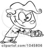 Poster, Art Print Of Cartoon Black And White Outline Design Of A Boy Using His Camera