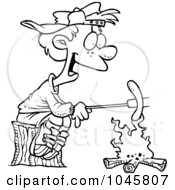 Poster, Art Print Of Cartoon Black And White Outline Design Of A Boy Roasting A Weenie Over A Campfire