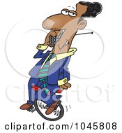 Cartoon Black Businessman Talking On A Cell Phone On Unicycle