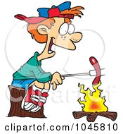 Poster, Art Print Of Cartoon Boy Roasting A Weenie Over A Campfire