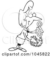 Poster, Art Print Of Cartoon Black And White Outline Design Of A Businesswoman Holding A Desk Phone