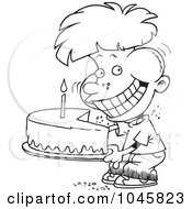 Royalty Free RF Clip Art Illustration Of A Cartoon Black And White Outline Design Of A Birthday Boy Eating An Entire Cake