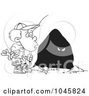 Royalty Free RF Clip Art Illustration Of A Cartoon Black And White Outline Design Of A Hiker Boy Seeing Eyes In A Cave