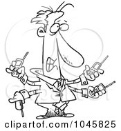 Royalty Free RF Clip Art Illustration Of A Cartoon Black And White Outline Design Of A Businessman Handling Multiple Cell Phones