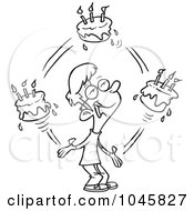 Royalty Free RF Clip Art Illustration Of A Cartoon Black And White Outline Design Of A Birthday Boy Juggling Cakes