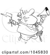 Royalty Free RF Clip Art Illustration Of A Cartoon Black And White Outline Design Of A Businessman Waving A Flag And Using A Megaphone