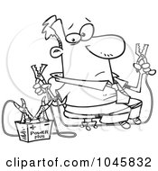 Royalty Free RF Clip Art Illustration Of A Cartoon Black And White Outline Design Of A Businessman Using Jumper Cables