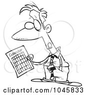 Royalty Free RF Clip Art Illustration Of A Cartoon Black And White Outline Design Of A Businessman Holding A Calendar