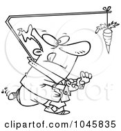 Cartoon Black And White Outline Design Of A Businessman Chasing A Carrot Lead