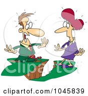 Royalty Free RF Clip Art Illustration Of A Cartoon Business Man And Woman Being Divided By A Chasm
