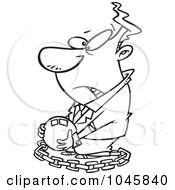 Royalty Free RF Clip Art Illustration Of A Cartoon Black And White Outline Design Of A Chained Businessman Carrying A Ball