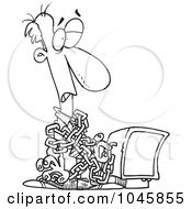 Royalty Free RF Clip Art Illustration Of A Cartoon Black And White Outline Design Of A Chained Businessman By A Computer