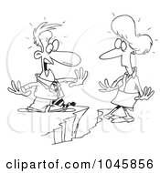 Royalty Free RF Clip Art Illustration Of A Cartoon Black And White Outline Design Of A Business Man And Woman Being Divided By A Chasm